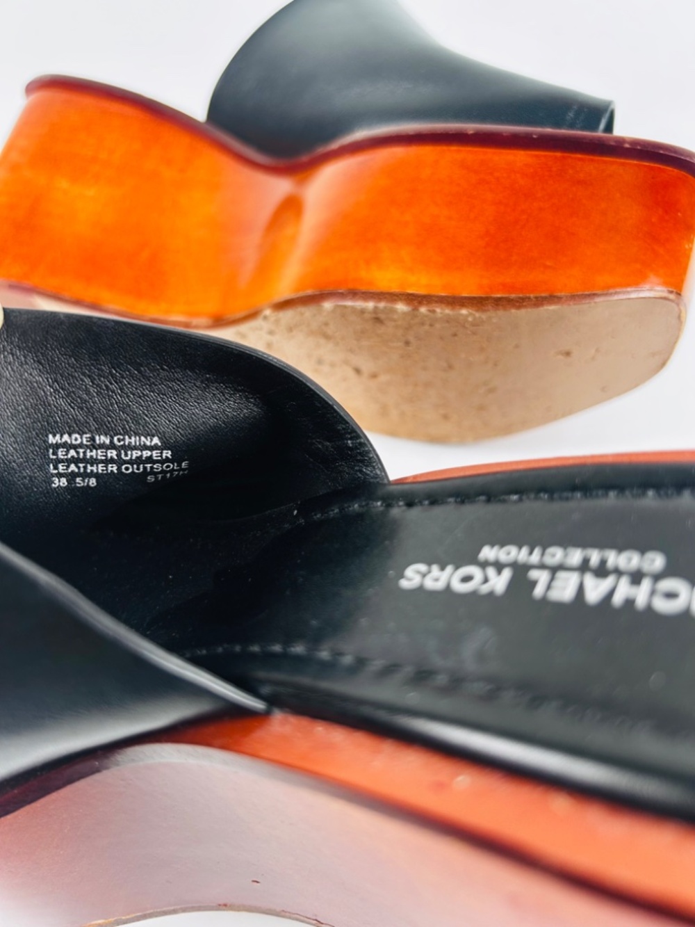 MICHAEL KORS Collection  Leather Wood Wedge Platform Mule Sandal Shoe 7.5 EUR 38 - Picture 12 of 15